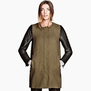 H&M long Moto coat with faux leather sleeves